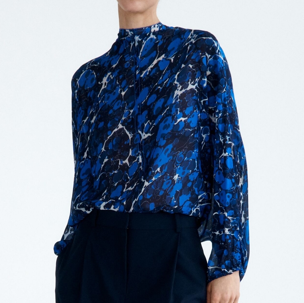 NWT ZARA Blue/Black Marbled Print Sheer High Neck Bow Back Blouse XS
